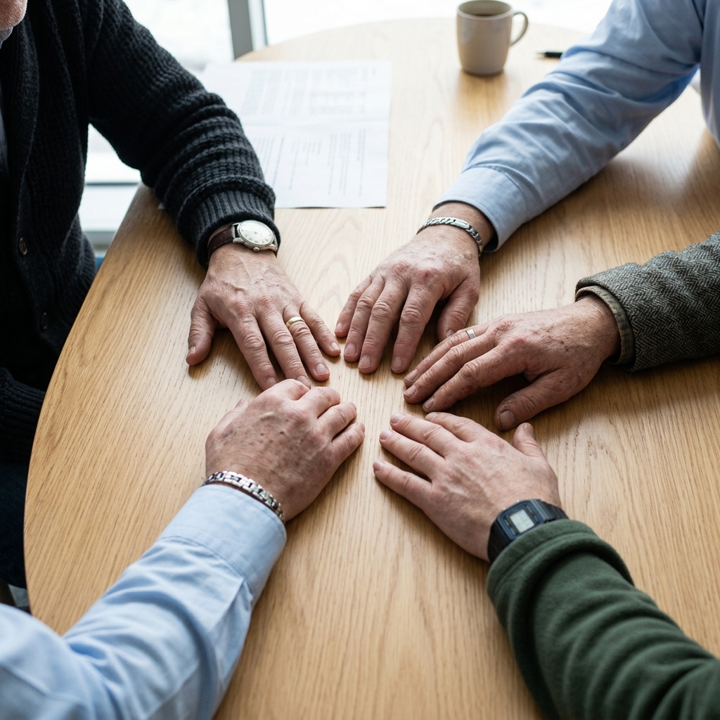 A group of men holding hands in support